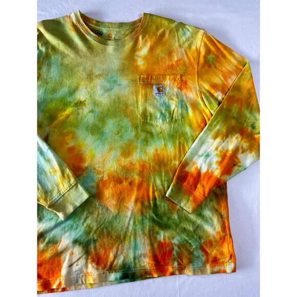 Ice Dyed Carhartt Long Sleeve T-Shirt Lime Green Orange Yellow Large L - Picture 6 of 11